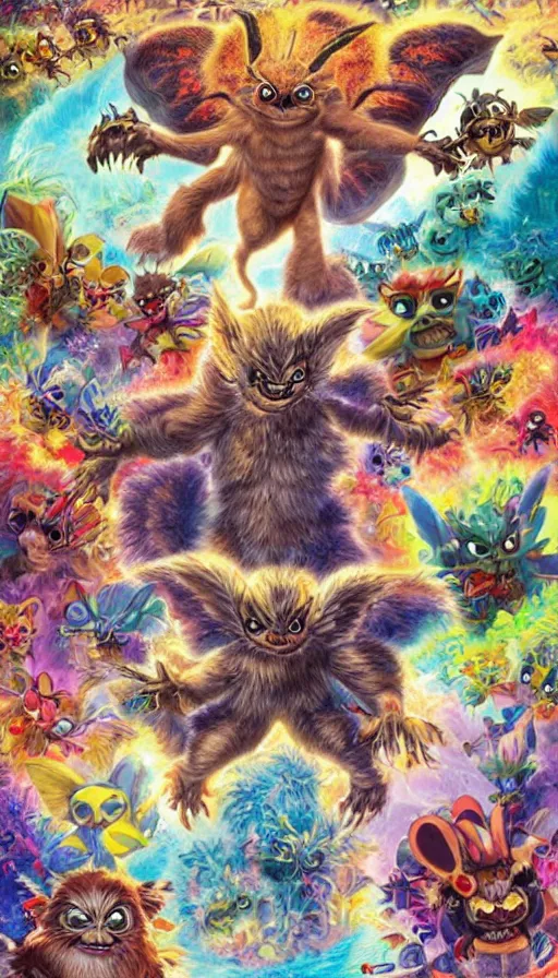 Prompt: gremlins vs mothra vs stephen hawkin art by Noriyoshi Ohrai and Lisa Frank