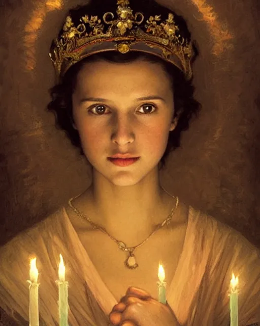Image similar to a shadowy portrait painting of a shy, blushing 1 6 - year old alicia vikander or millie bobby brown as santa lucia with a crown of candles, lit only by candlelight in the darkness, intricate, elegant, highly detailed, artstation, concept art, by krenz cushart and donato giancola and william adolph bouguereau and alphonse mucha