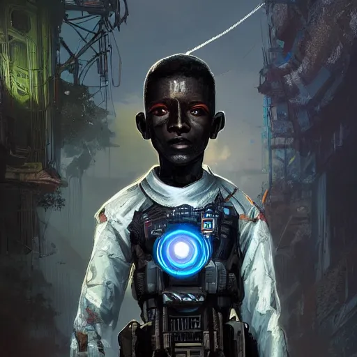 Image similar to a dark and ominous african child soldier with glowing eyes and a half robot face, Apex Legends character digital illustration portrait design, by android jones and greg rutkowski in a cyberpunk voodoo style, detailed, cinematic lighting, wide angle action dynamic portrait