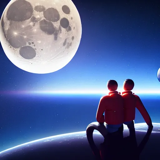 Image similar to a gay couple floating in space looking at the moon from up close, science fiction industrial hard science concept art, 8 k render octane high definition cgsociety