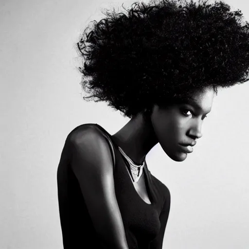 Prompt: close up of a black female fashion model with huge hair in year 3000 with edgy shape black dress, photography , Vogue editorial , highly detailed