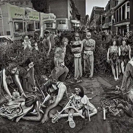 Image similar to pagan ritual on the streets of san francisco in the 1 9 7 0 s, covered in vegetation, highly detailed smooth digital art masterpiece