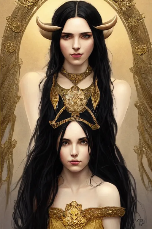 Image similar to a beautiful woman with long black hair, big symmetrical natural ram horns on her head, flowing dress, gold jewellery, dnd, face, fantasy, intricate, elegant, highly detailed, digital painting, artstation, concept art, smooth, sharp focus, illustration, art by artgerm and greg rutkowski and alphonse mucha