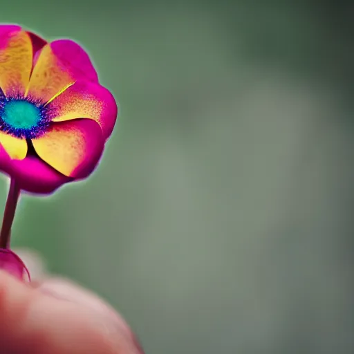 Image similar to closeup photo of rainbow - colored flower with 7 petals, held by hand, shallow depth of field, cinematic, 8 0 mm, f 1. 8