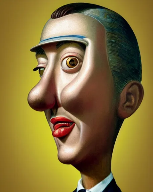 Image similar to closeup face profile portrait of a tin toy jacques tati, hyper realistic, artstation, illustration, nicoletta ceccoli, mark ryden, lostfish, max fleischer, digital paint, matte paint, vivid colors, dark, sinister, detailed and intricate environment