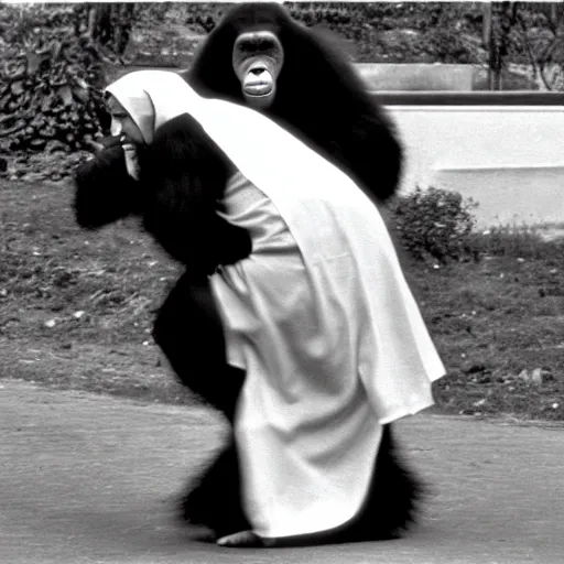 Image similar to a black and white photo of a silverback gorilla beating up a woman dressed as a nun