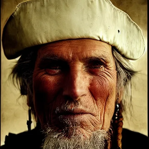 Image similar to portrait of an expressive face of an old pirate by annie leibovitz