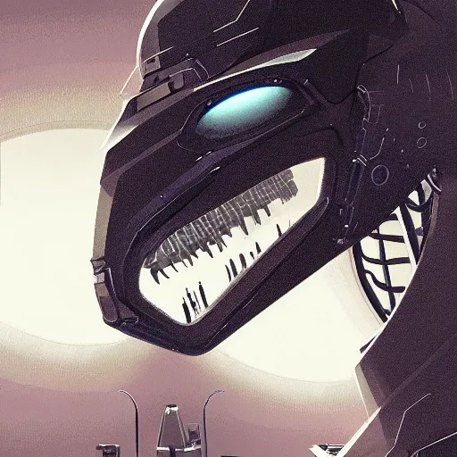 Image similar to professional concept art portrait of a predatory robotic species in a dark room by cam sykes. an intricate, elegant, highly detailed digital painting, concept art, smooth, sharp focus, illustration, in the style of syd mead.