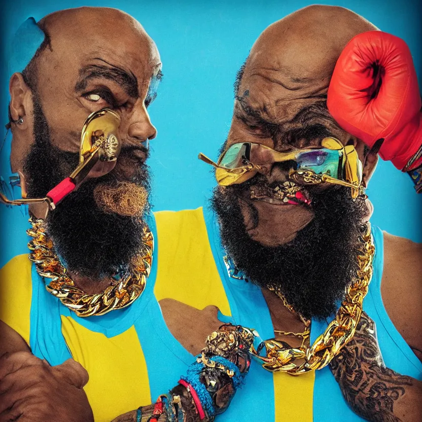 Prompt: mr. t pitying all the fools, hyper color, stylized photo, gold chains, digital art