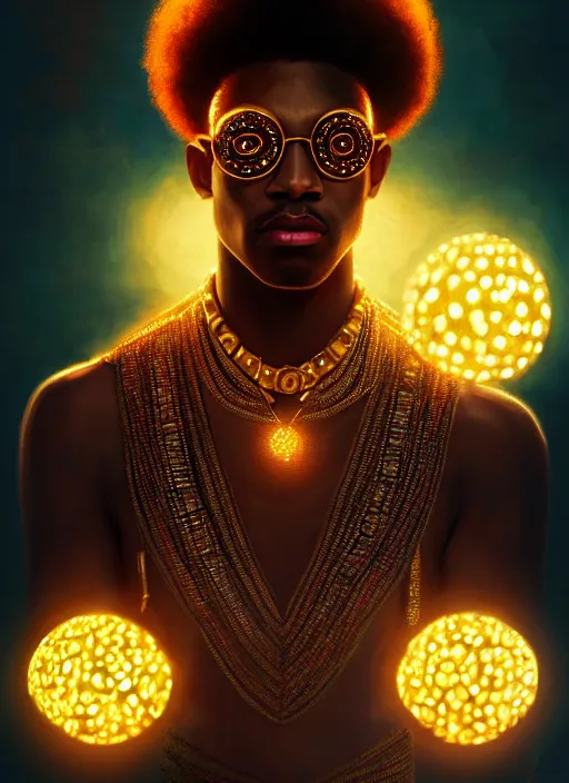 Image similar to portrait of young black man with glowing jewels, afro - futurist style, intricate, elegant, glowing lights, highly detailed, digital painting, artstation, concept art, smooth, sharp focus, illustration, art by wlop, mars ravelo and greg rutkowski