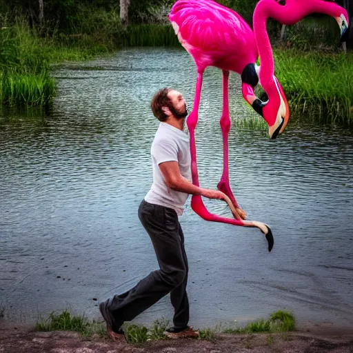 Prompt: a man confidently straddling a flamingo's back, detailed, photo, 4k