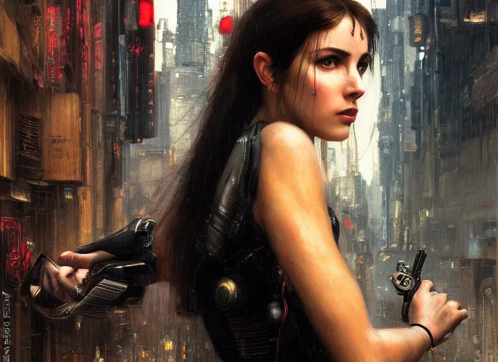 Prompt: maria the android evading blade runner ( blade runner 2 0 4 9, dystopian, cyberpunk 2 0 7 7 character design ). orientalist portrait by john william waterhouse and james gurney and theodore ralli and nasreddine dinet, oil on canvas. cinematic, hyper realism, realistic proportions, dramatic lighting, high detail 4 k