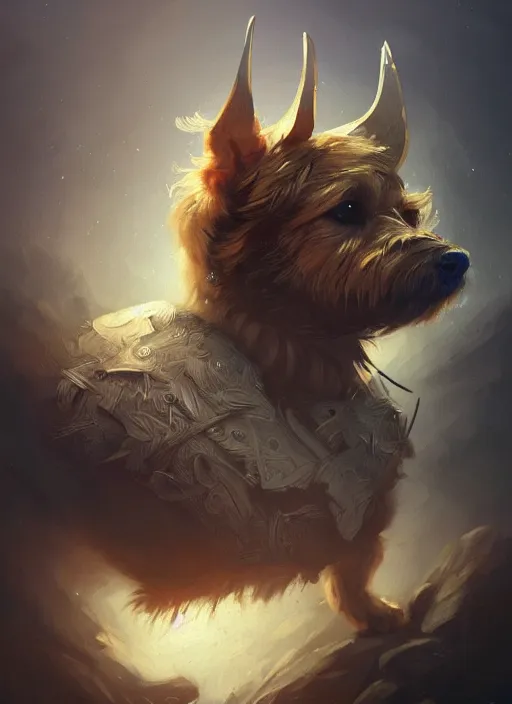 Image similar to norwich terrier as an viking, backround dark, highly detailed, digital illustration, trending in artstation, modern painting, smooth, sharp focus, intricate, by peter mohrbacher