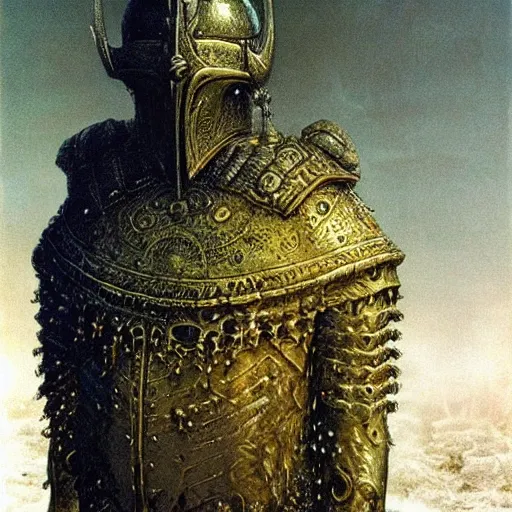 Image similar to ice lord, wearing icy ornamented armor, wearing ice royal crown war helm, beksinski