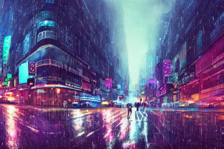 Image similar to Bustling photorealistic!!! rainy (((neon))) street in a utopian city illustrated and reimagined by Max Hay, inverted fisheye lens!!!, eyelevel!!! view!!! photography, trending on artstation, 4k, 8k, lens distortion, chromatic aberration, soft focus blur, photorealistic imagery, photorealistic details, intricate, highly detailed, artstation 3d, artstation render, artstation 3d render, 3d art, unreal engine 3d, octane 3d, blender 3d, 3d landscape