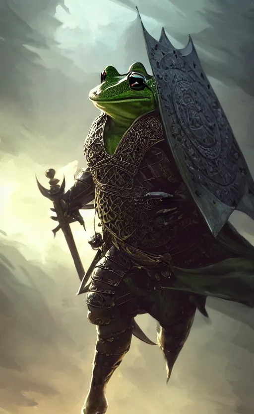 Image similar to a frog, dressed as a knight, holding up a large shield, battle armor, atmospheric lighting painted intricate volumetric lighting, beautiful, sharp focus, ultra detailed by leesha hannigan, ross tran, thierry doizon, kai carpenter, ignacio fernandez rios, makoto shinkai, sharp, mindblowing, 4 k uhd, 8 k