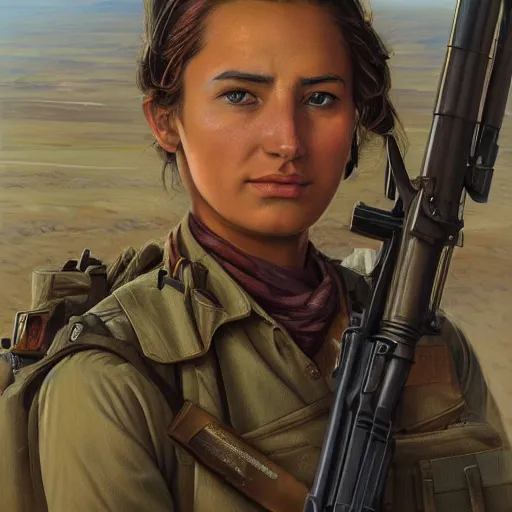 Image similar to beautiful YPJ soldier in the defense of Kobanî in the siege of Kobanî, detailed, centered, digital painting, artstation, concept art, donato giancola, Joseph Christian Leyendecker, Boris Vallejo, Breathtaking, 8k resolution, extremely detailed, beautiful, establishing shot, artistic, hyperrealistic, beautiful face, octane render