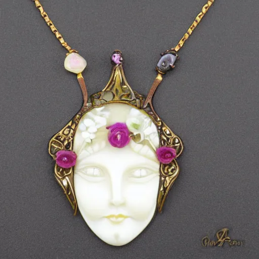 Image similar to beautiful artnouveau style necklace made of the face of a demoness and vampiress showing love with gem flowers in the style of René lalique