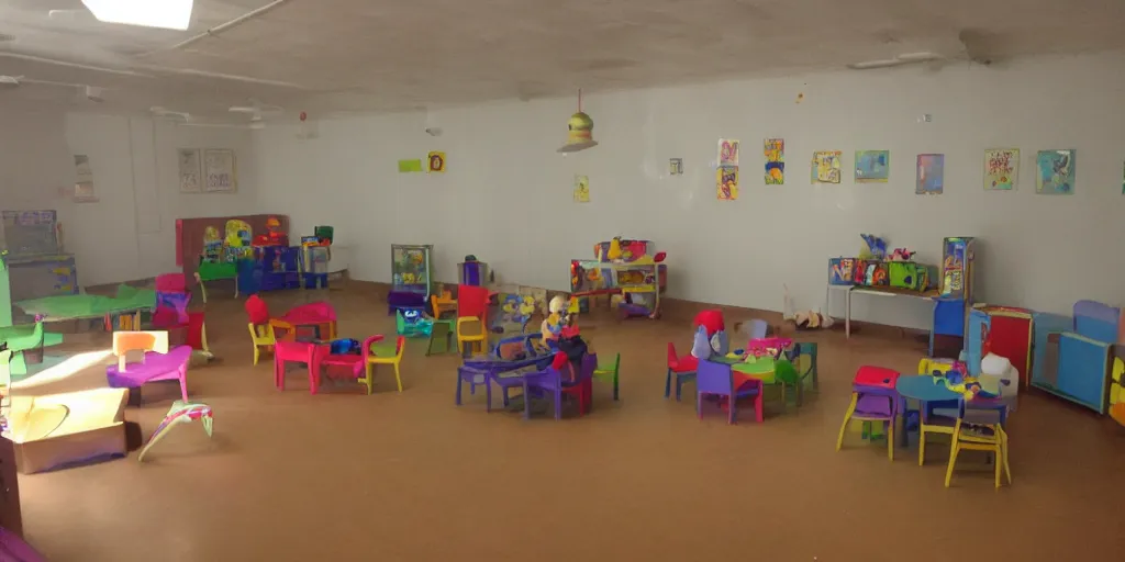 Prompt: childrens daycare indoors limital space, dimly lit, creepy photo