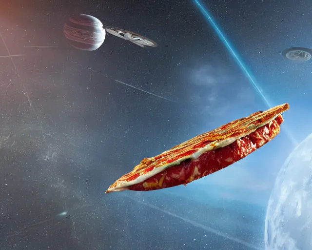 Image similar to a slice of pizza in orbit over a single planet space super star destroyer ship starwars 3 d render starwars clonewars 4 k atmospheric cinematic shot octane render high definition