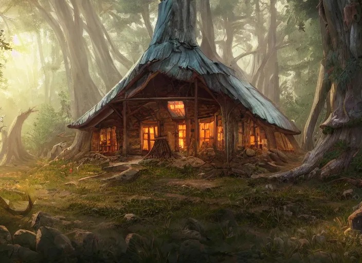 Prompt: a rustic multi-story ramshackle hut in a mystical forest full of wonders, pine trees, magical atmosphere, trending on artstation, 30mm, by Noah Bradley trending on ArtStation, deviantart, high detail, stylized portrait