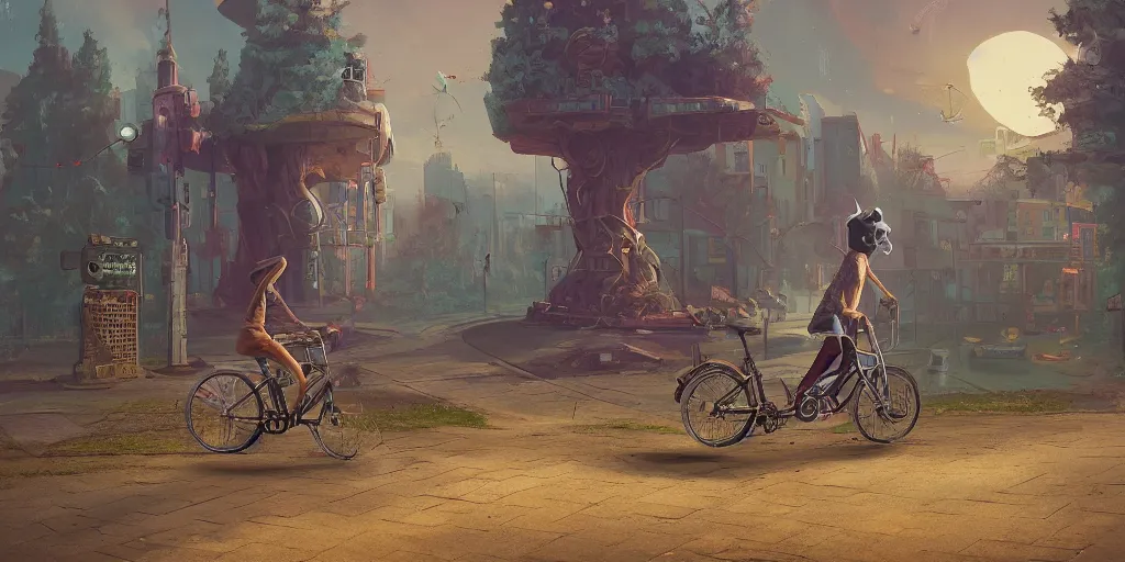 Prompt: A owl riding a bike through a portal. Detailed digital matte painting in the style of simon stalenhag