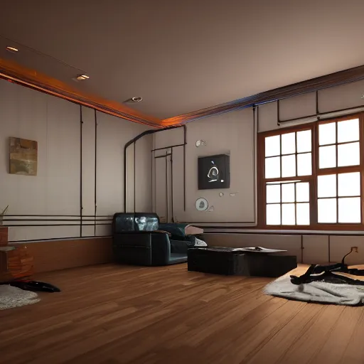 Image similar to Sci fi engine room living room, electric wallpaper, unreal engine 5 tech demo, zillow interior, cool tint, metallic reflective, octane render, Frank Lloyd Wright ((Studio Ghibli))