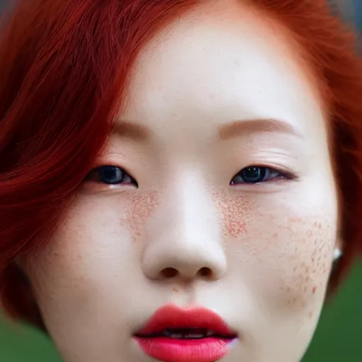 Image similar to Close up photo of the left side of the head of a young beautiful redhead korean woman with gorgeous blue eyes, beautiful white teeth and wavy long red hair, red detailed lips and freckles who looks directly at the camera. Slightly open mouth. Whole head visible and covers half of the frame, with a park visible in the background. 135mm nikon.