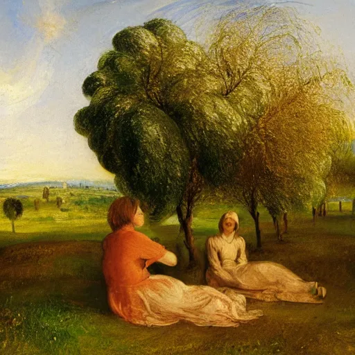 Prompt: friends resting in the apple orchard by felice casorati, j. m. w. turner, simon stalenhag