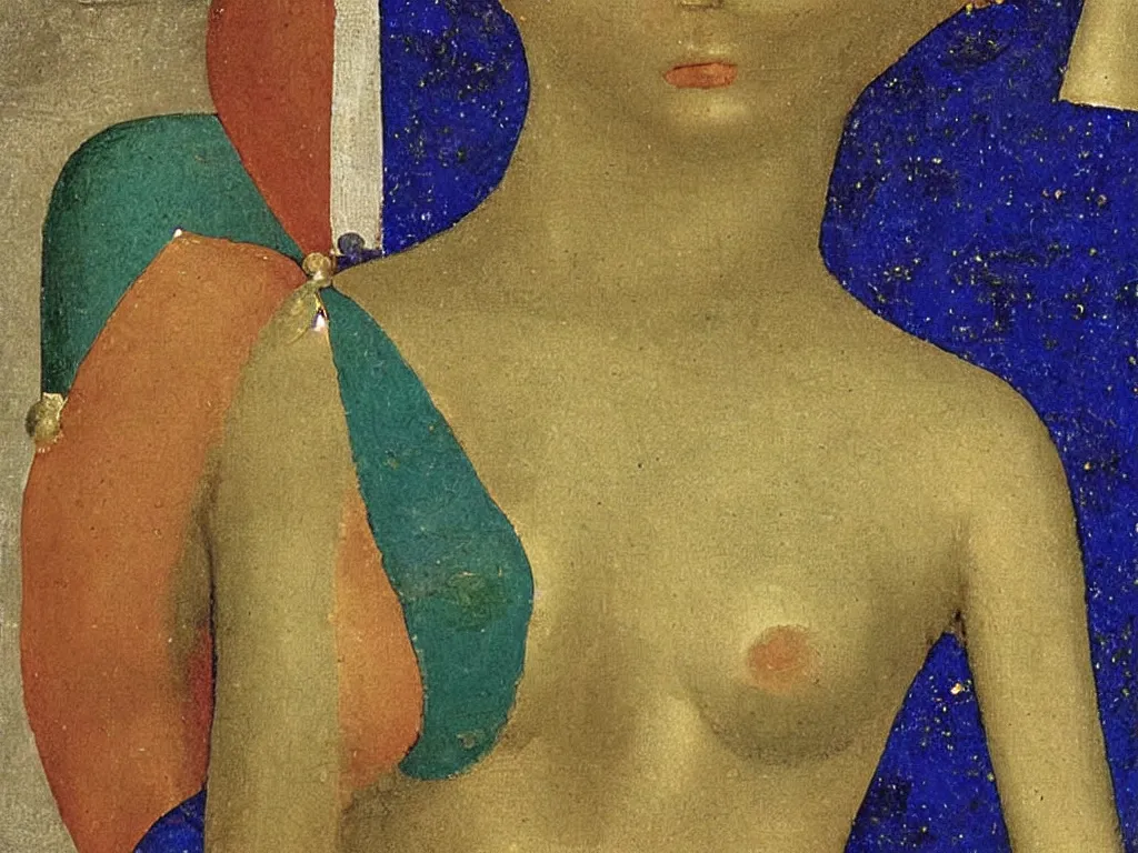 Image similar to close up of a chest of a woman in dress. lapis lazuli, malachite, cinnabar, gold. painting by piero della francesca, balthus, agnes pelton