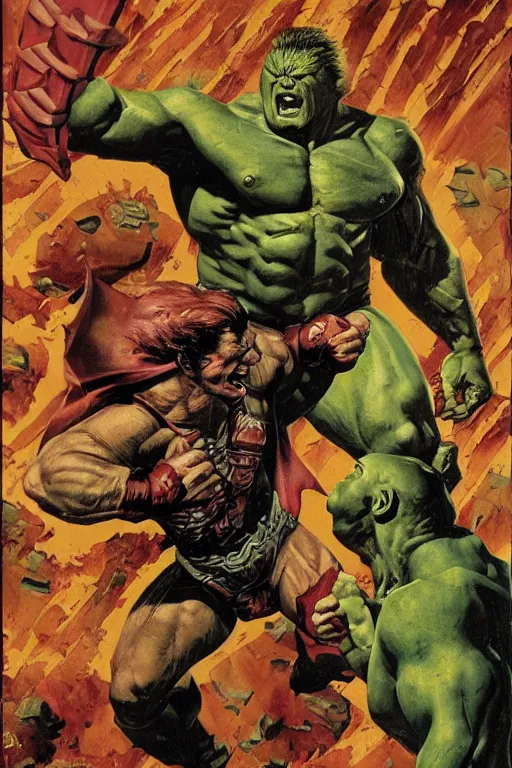 Image similar to upper body and head portrait of hulking brock lesnar as marvel demon wearing cape and armour, norman rockwell, tom lovell, alex malveda, jack kirby, greg staples