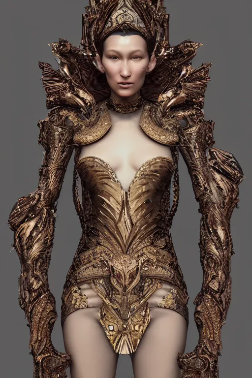 Image similar to a highly detailed metahuman render portrait of an alien goddess bella hadid in iris van herpen dress schiaparelli in diamonds and jewelry in style of alphonse mucha trending on artstation made in unreal engine 4