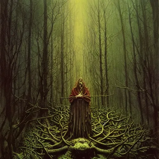 Prompt: a shaman in an ominous forest, staff, cinematic lighting, at night, highly detailed, symmetric, concept art, masterpiece, fantasy art, hyperdetailed, hyperrealism, saturated colors, art by zdzistaw beksinski, arthur rackham, dariusz zawadzki, larry elmore