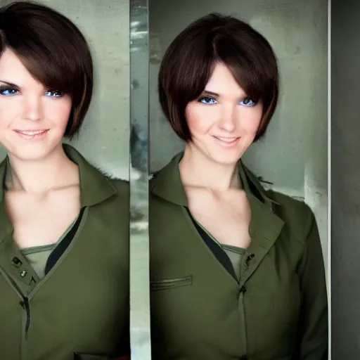 Image similar to brunette woman, short hair, flipped out hair ends, bright green eyes, military uniform, smirk