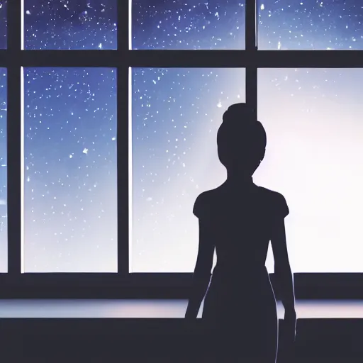 Image similar to a silhouette of a girl looking out a large window at a space scene, lofi aesthetic volumetric lighting, dramatic, realistic, intense