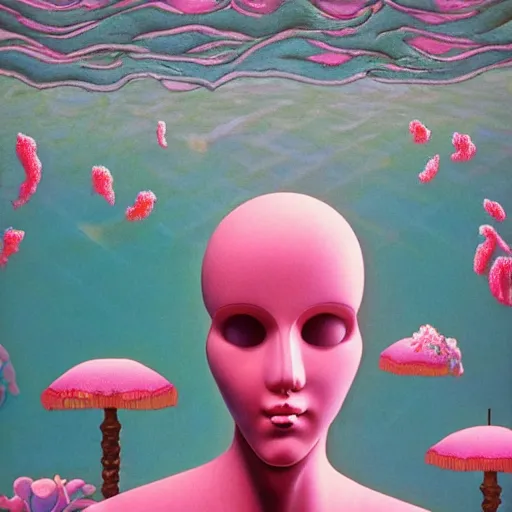 Image similar to award winning masterpiece with incredible details, a surreal vaporwave vaporwave vaporwave vaporwave vaporwave painting by MC Escher of an old pink mannequin head with flowers growing out, sinking underwater, highly detailed