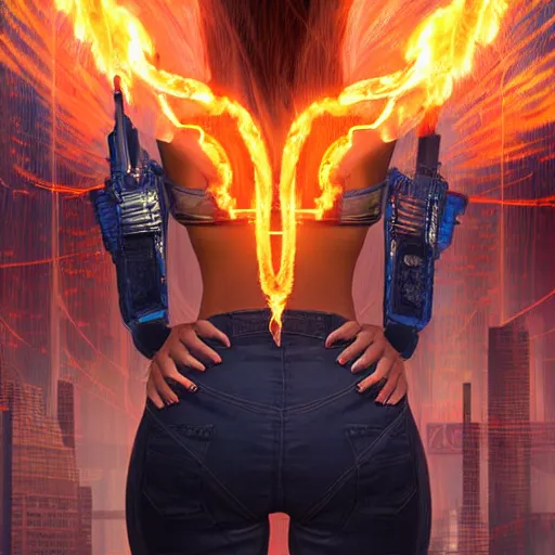 Prompt: beautiful young woman from behind with flames coming out of hands flying in a cyberpunk city, very detailed, realistic, symmetrical face, art by digital painting,