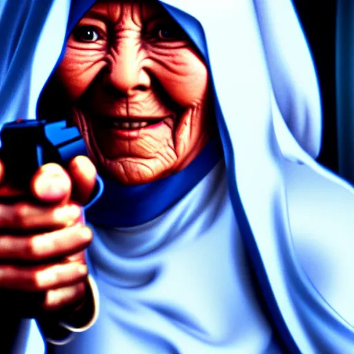 Prompt: pov mother theresa pointing a submachine gun at the camera, 3d model, hyperrealistic, dynamic shadows, dynamic lighting