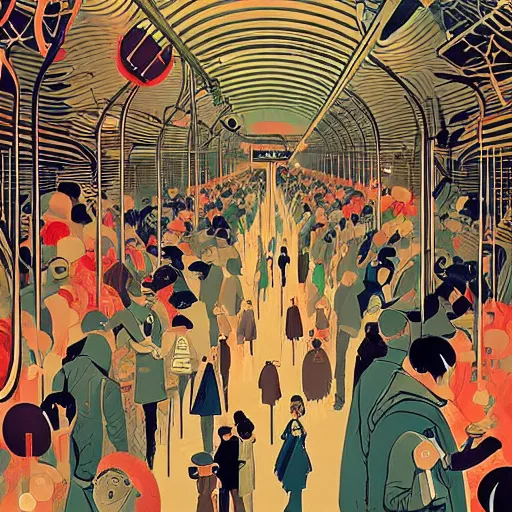 Image similar to parisian subway, illustration by victo ngai