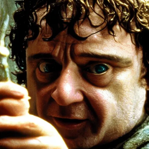 Prompt: the lord of the ring stills face closeup Frodo Baggins played by Danny DeVito directed by peter jackson