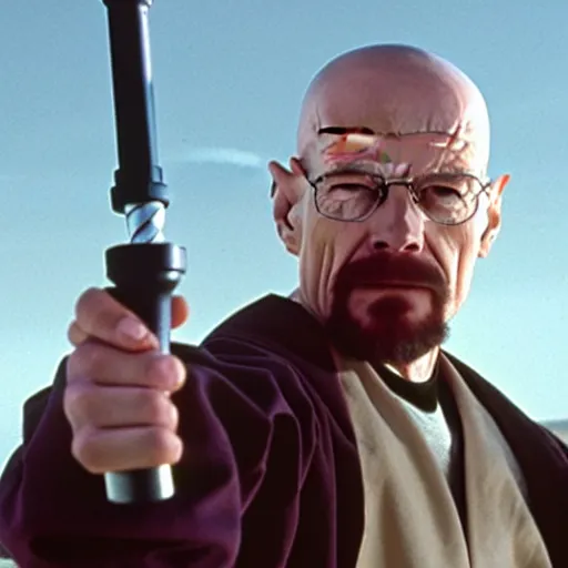 Image similar to A still of Walter White in Star Wars: A New Hope, holding an activated lightsaber