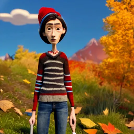 Prompt: a stopmotion animation character, a beautiful canadian woman, gardening, very attractive, some dark grey hair, stripey jumper, denim jeans, doc marten boots, canadian maple leaves, mountains, autumn, unreal engine 5, 8 k, kubo and the two strings, jan svankmayer, disney, pixar,