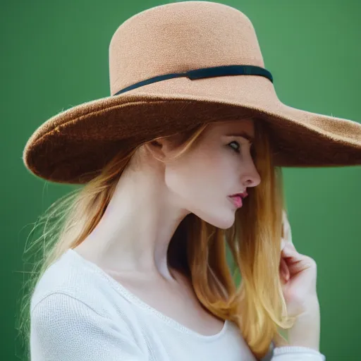 Image similar to portrait of 2 3 - year - old woman with angle lost profile looking away, happy women, cinematic colors, medium yellow blond hair, brown hat, hair comes out of the hat a little, caracter look like angelina jolie