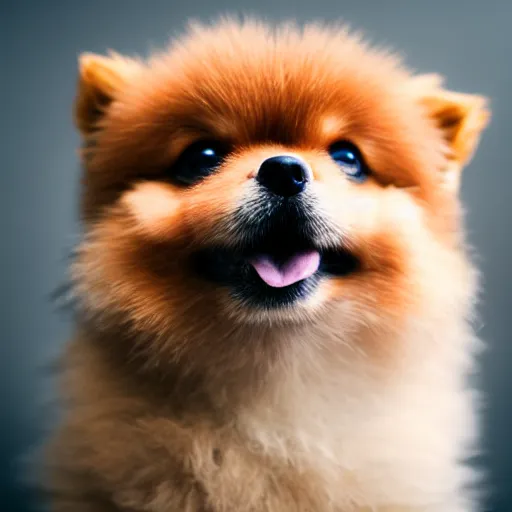 Prompt: portrait photo of a small happy chunky fluffy pomeranian puppy looking into the camera, indoors, f 1. 4, golden ratio, overcast day