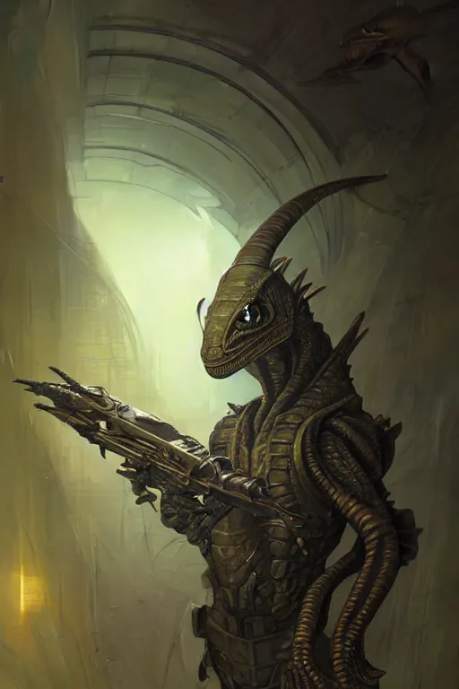 Prompt: Sci-Fi Lizard alien, armored, art by Kashin, Wadim, Martinière, Stephan, Gonzalez, Josan, holding rifle, sharp focus, dark Spaceship hallway background, by Andrei Riabovitchev, Shaun Tan, Peter Mohrbacher and Takayuk, cinematic, realistic, intricate detail, finely detailed, small details, extra detail, photorealistic, high resolution, 3D, PBR, path tracing, volumetric lighting, octane render, arnold render, 8k