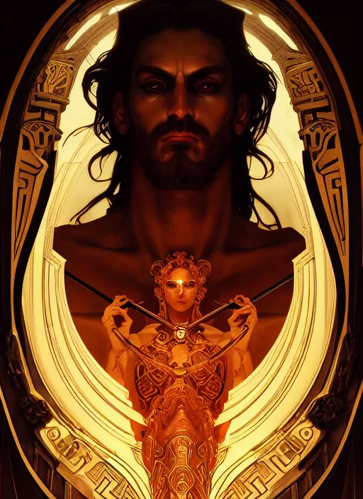 Prompt: symmetry!! portrait of hades, greek mythology, ancient greece, underworld, intricate, highly detailed, dark lighting, digital art, digital painting, artstation, sharp focus, illustration, art by artgerm and greg rutkowski and alphonse mucha, 8 k