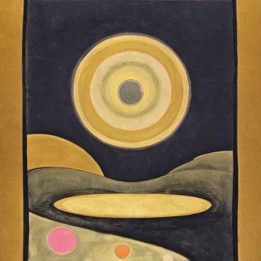 Prompt: doom by hilma af klint sepia. a mixed mediart of a landscape. it is a stylized & colorful view of an idyllic, dreamlike world with rolling hills, peaceful animals, & a flowing river. the scene looks like it could be from another planet, or perhaps a fairy tale.
