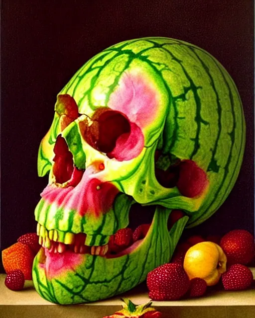 Image similar to interdimensional human watermelon skull being made out of fruits, ethereal still life renaissance painting by giuseppe arcimboldo and alex grey