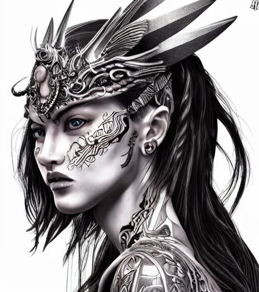 Prompt: tattoo design on white background of a hyper realistic beautiful girl warrior, hyper detailed, inspired by eliot kohek