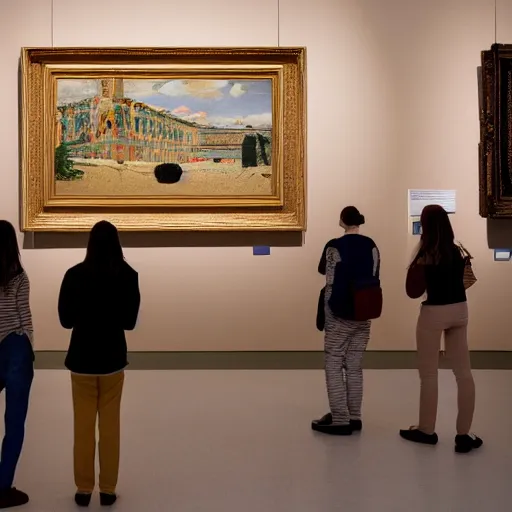 Image similar to wide - shot low - angle photo of visitors in museum looking at abstract paintings, 9 0 - s, polaroid photo